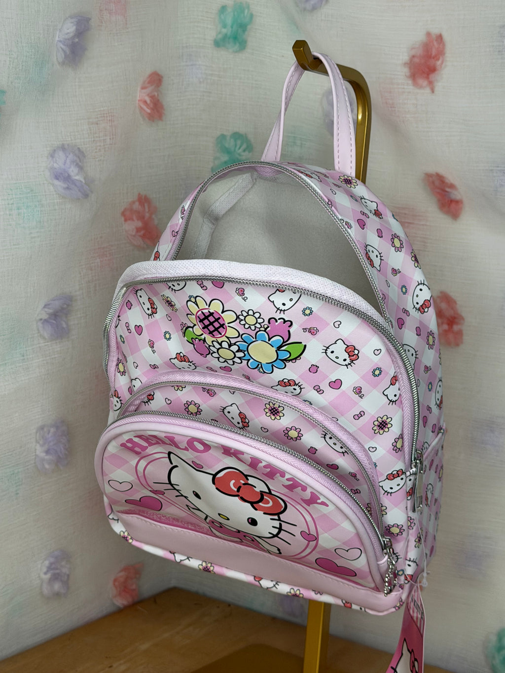Hello Kitty Pink Gingham Small Backpack Faux Leather Zip Adjustable Strap