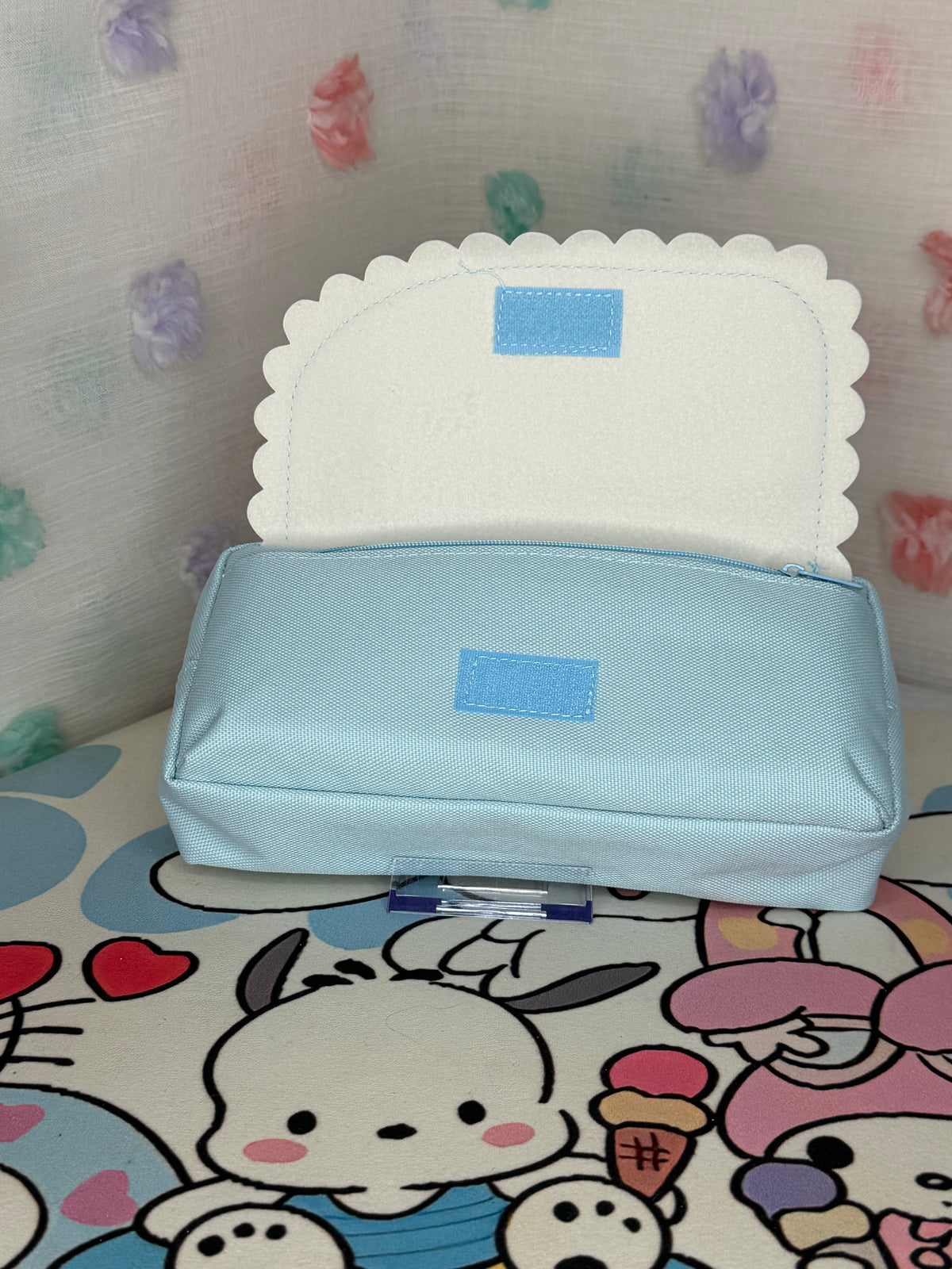 Usahana Blue Zipper Makeup/Pen Bag w/Scalloped Flap Cartoon Print "Welcome Home"