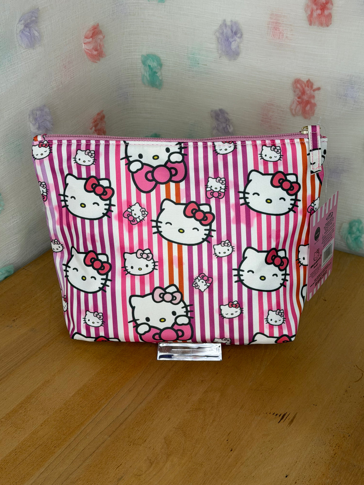 Hello Kitty Pink & White Striped Cosmetic Bag Zipper Closure Polyester Pouch