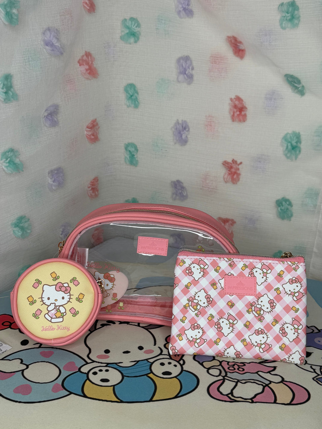 Impressions Hello Kitty Pink Clear 3 Piece Makeup Bag Set Pouch Coin Purse