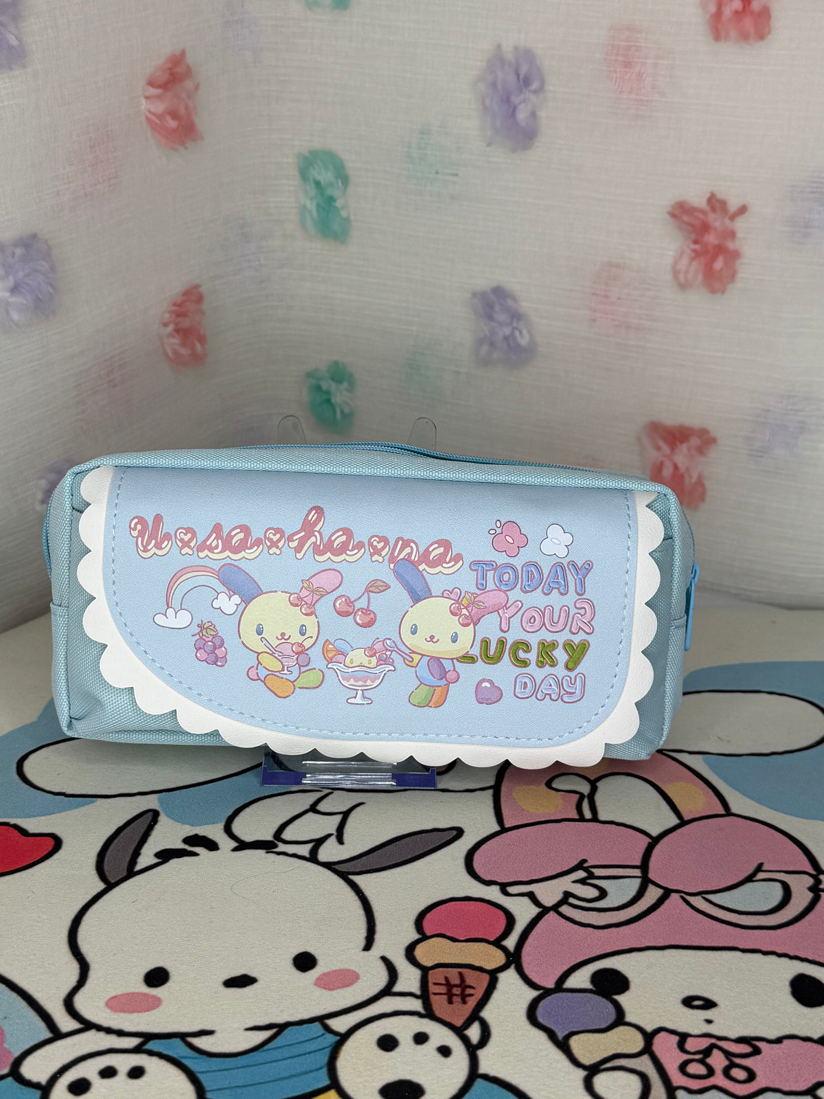Usahana Blue Zipper Makeup/Pen Bag w/Scalloped Flap Cartoon Print "Welcome Home"