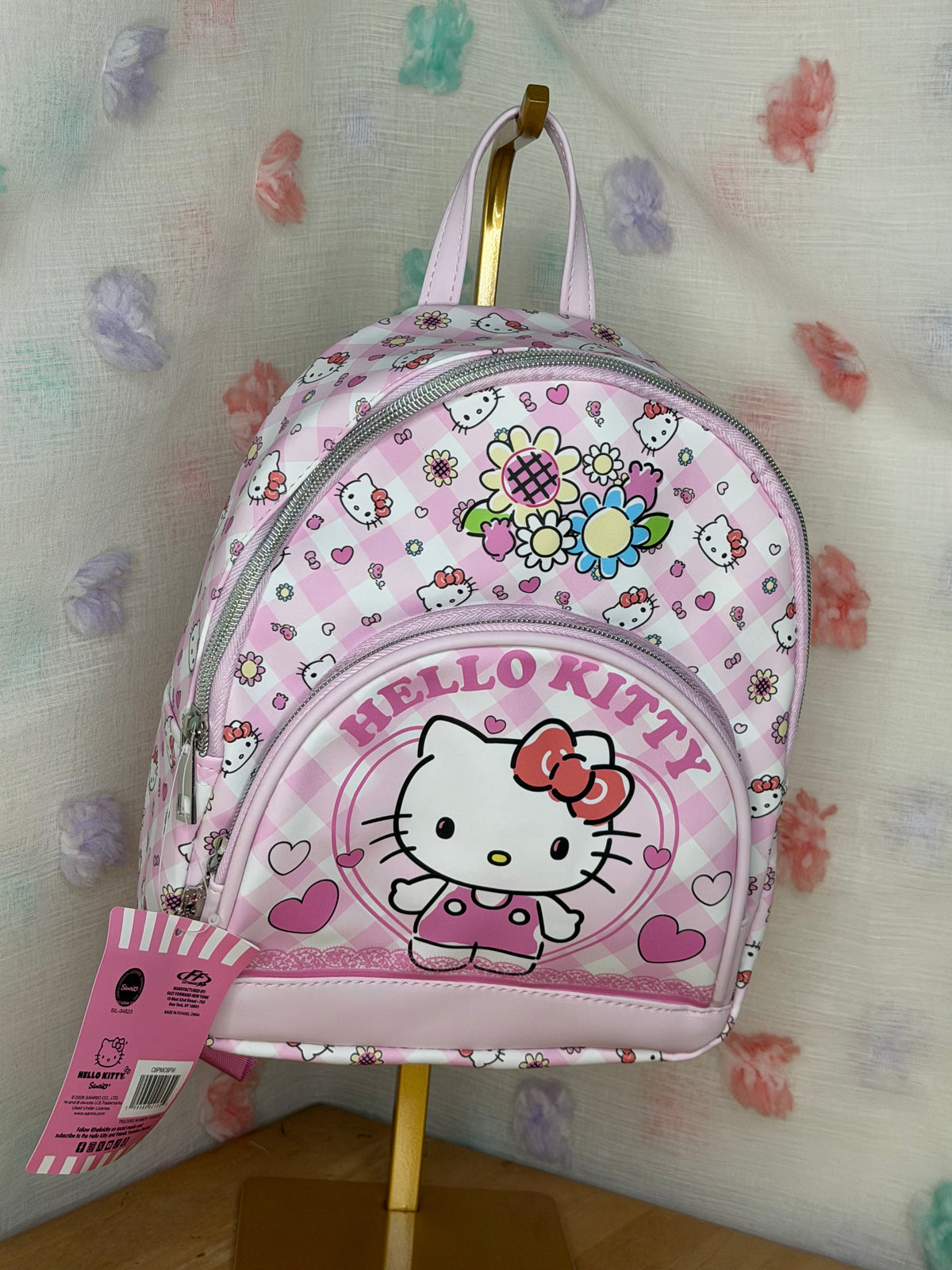 Hello Kitty Pink Gingham Small Backpack Faux Leather Zip Adjustable Strap
