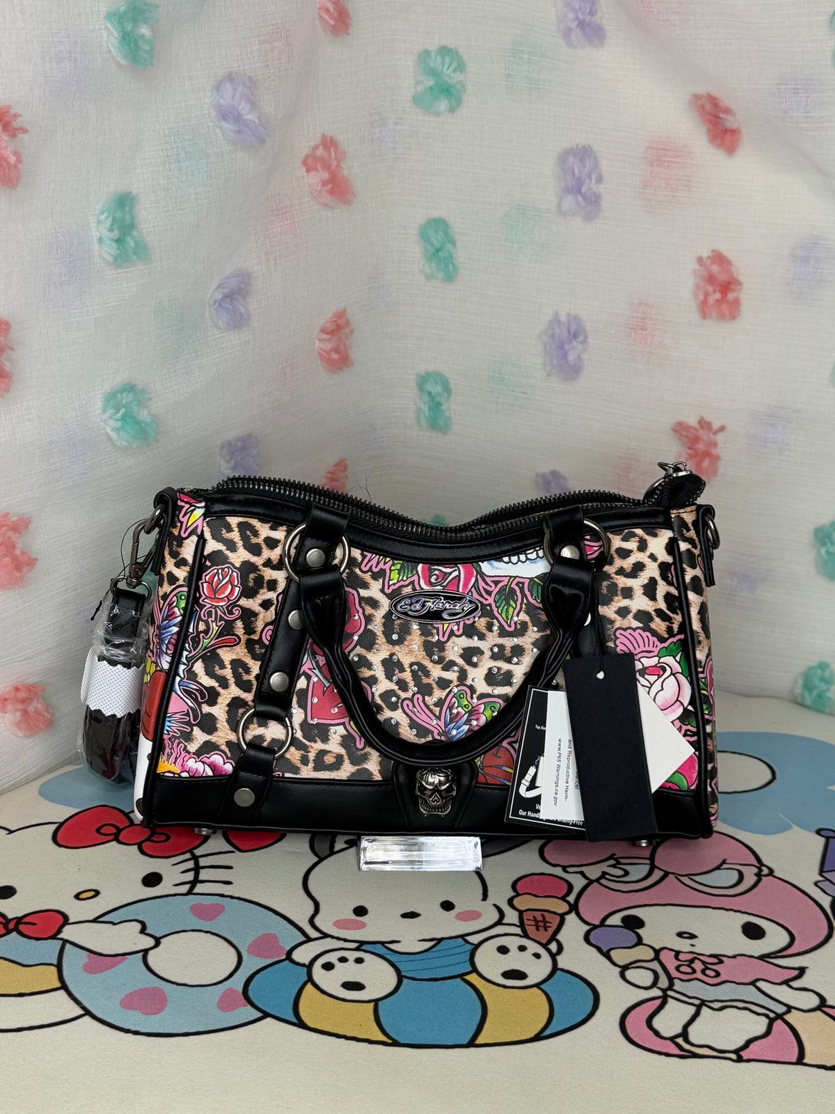 Ed Hardy Women’s Leopard Skull Studded Satchel Top Handle Zip Detachable Strap