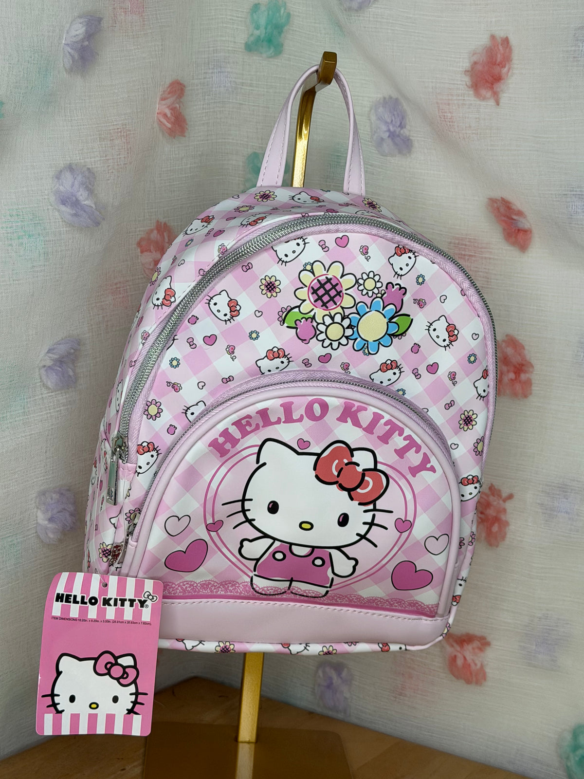 Hello Kitty Pink Gingham Small Backpack Faux Leather Zip Adjustable Strap