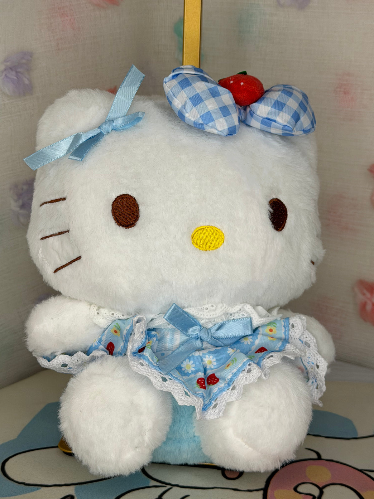 Sanrio Hello Kitty White Plush Stuffed Cat Blue Dress Bow Cartoon Character