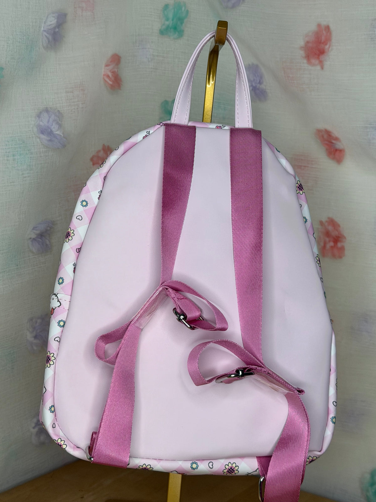 Hello Kitty Pink Gingham Small Backpack Faux Leather Zip Adjustable Strap