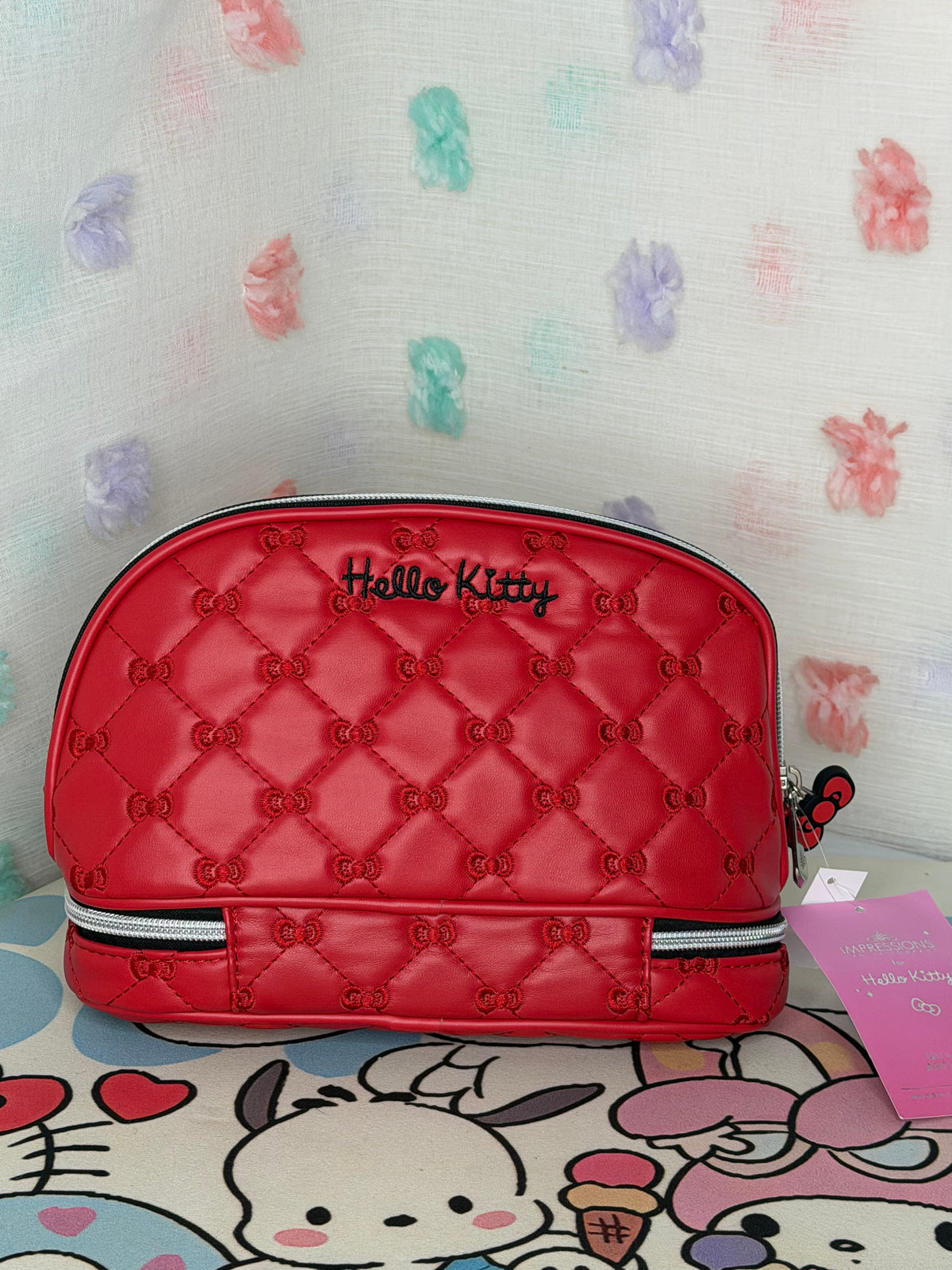 Impressions Hello Kitty Red Quilted Faux Leather Zipper Makeup Bag Cosmetic Case