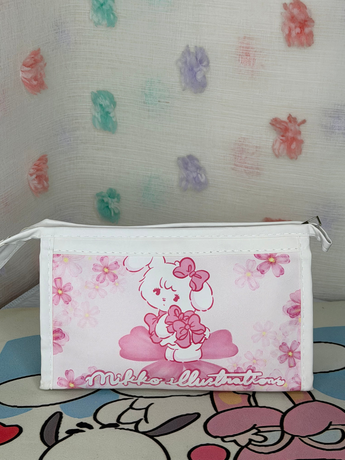 Pink & White Zipper Makeup Bag Pouch Mikko Illustration Floral Character Print