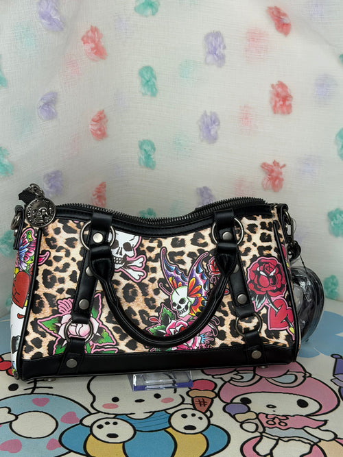 Ed Hardy Women’s Leopard Skull Studded Satchel Top Handle Zip Detachable Strap