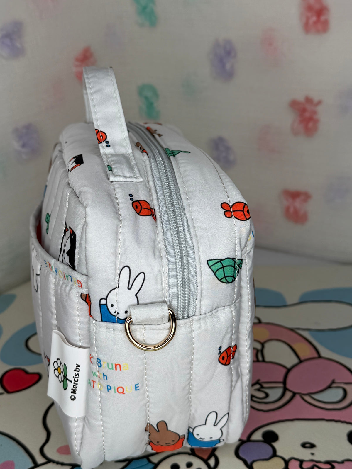 Mercis bv Miffy White Quilted Crossbody Bag Zip Red Lining Adjustable Strap