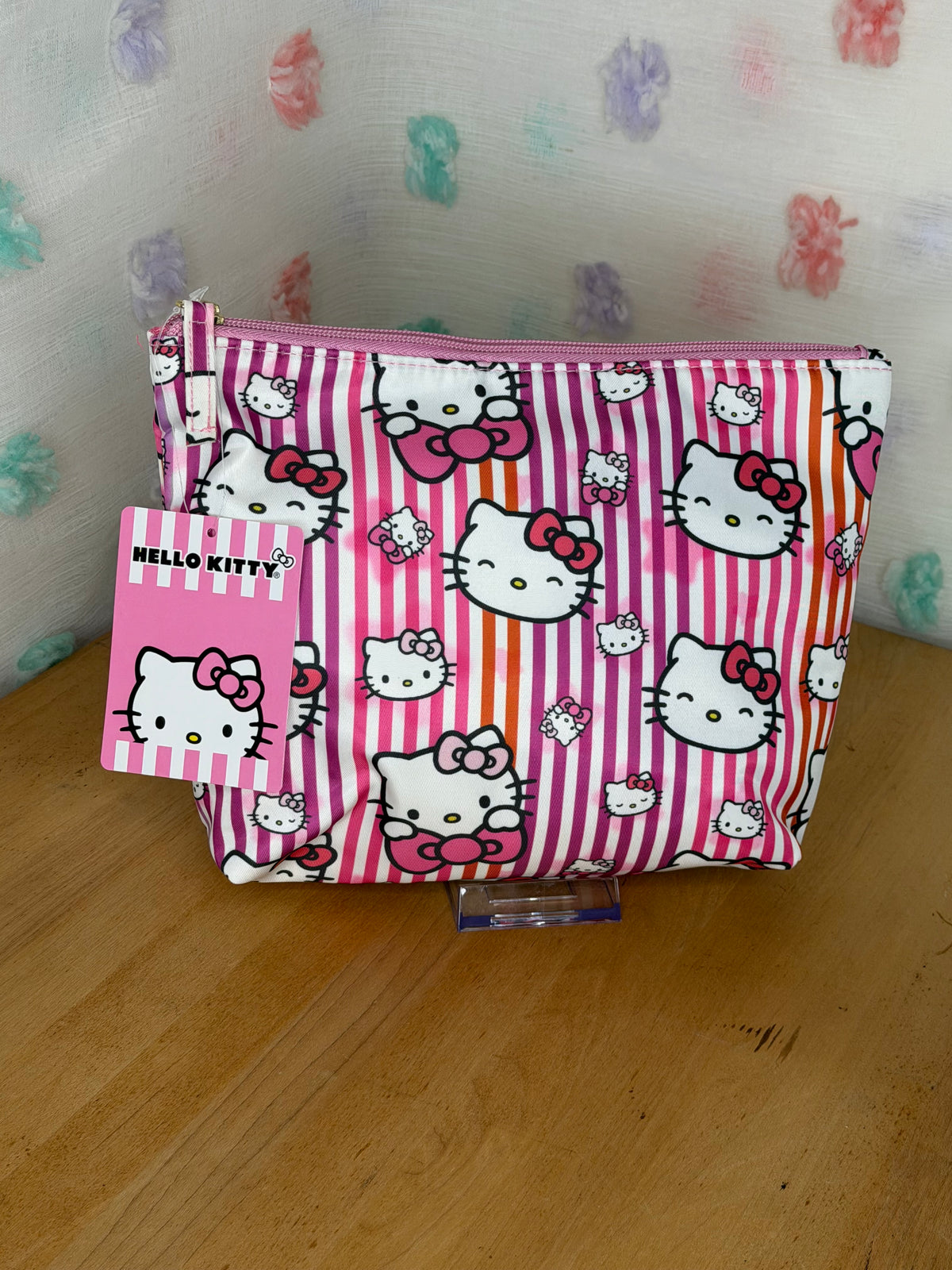 Hello Kitty Pink & White Striped Cosmetic Bag Zipper Closure Polyester Pouch