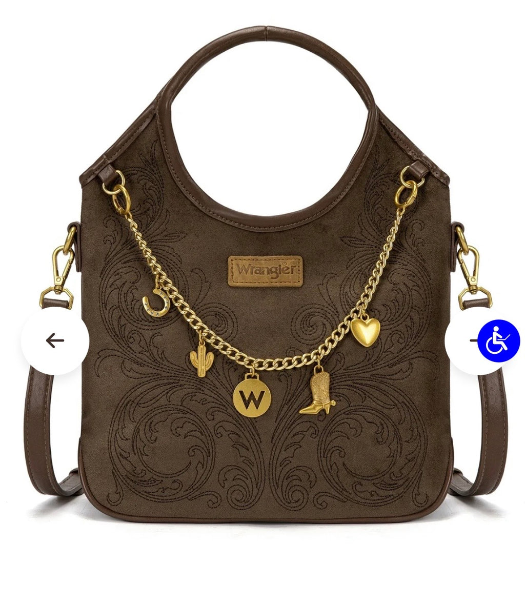 WG533-9801CF Wrangler Charm Chain Hobo Tote Bag - Coffee