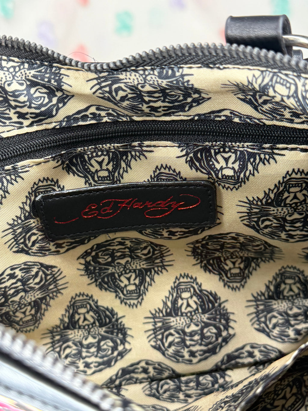 Ed Hardy Women’s Leopard Skull Studded Satchel Top Handle Zip Detachable Strap