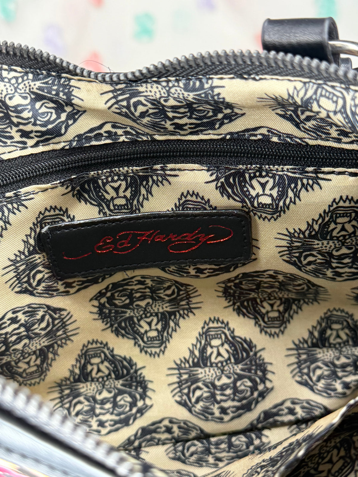Ed Hardy Women’s Leopard Skull Studded Satchel Top Handle Zip Detachable Strap