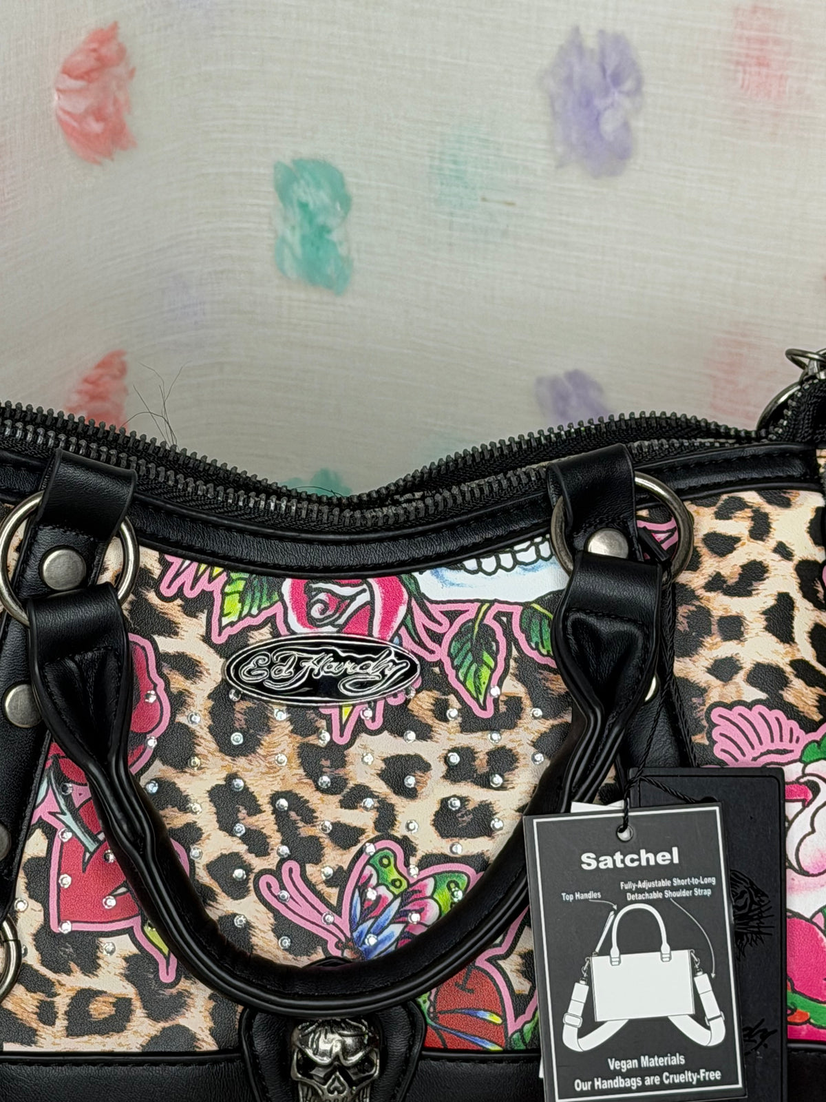 Ed Hardy Women’s Leopard Skull Studded Satchel Top Handle Zip Detachable Strap