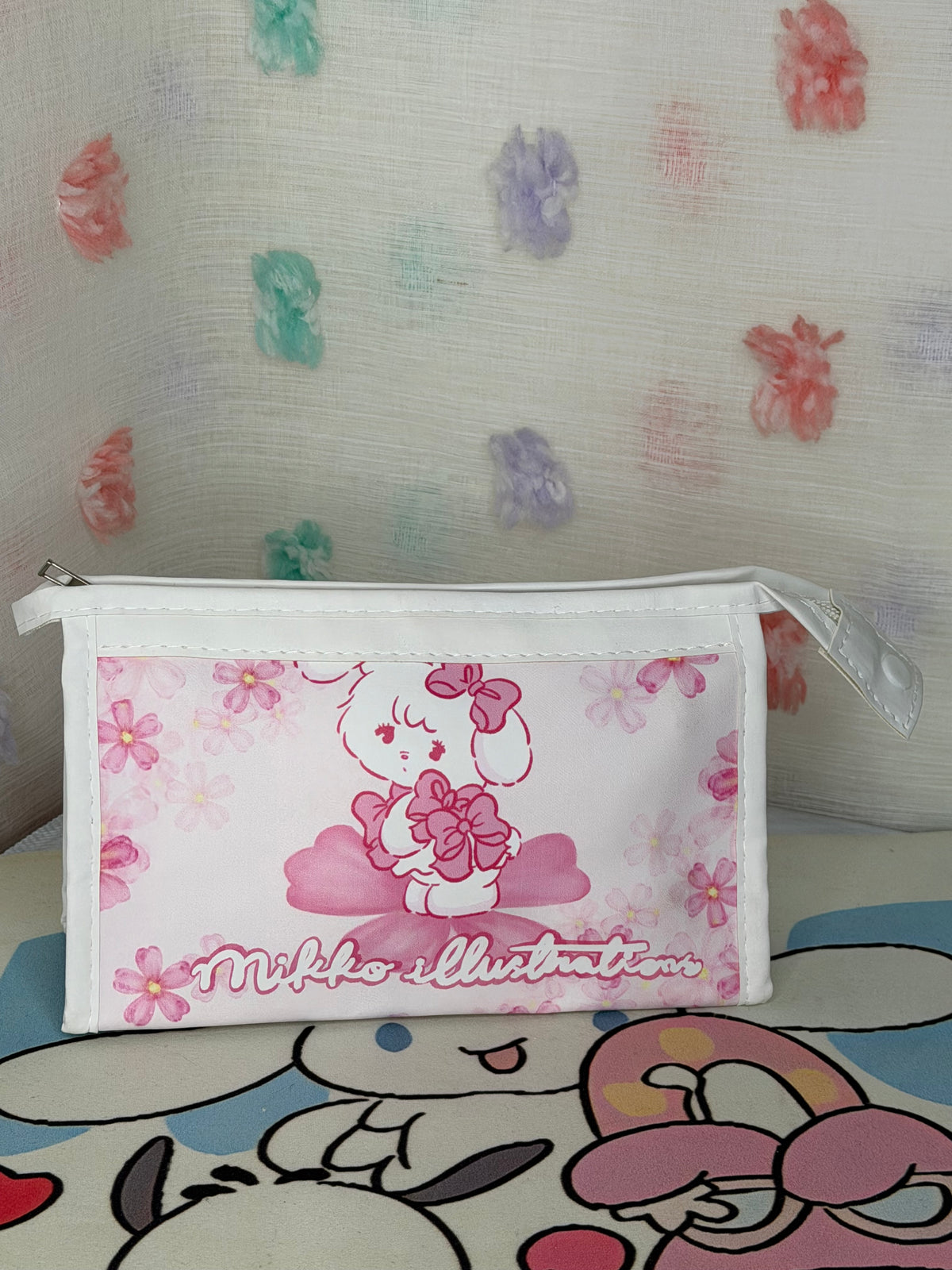 Pink & White Zipper Makeup Bag Pouch Mikko Illustration Floral Character Print
