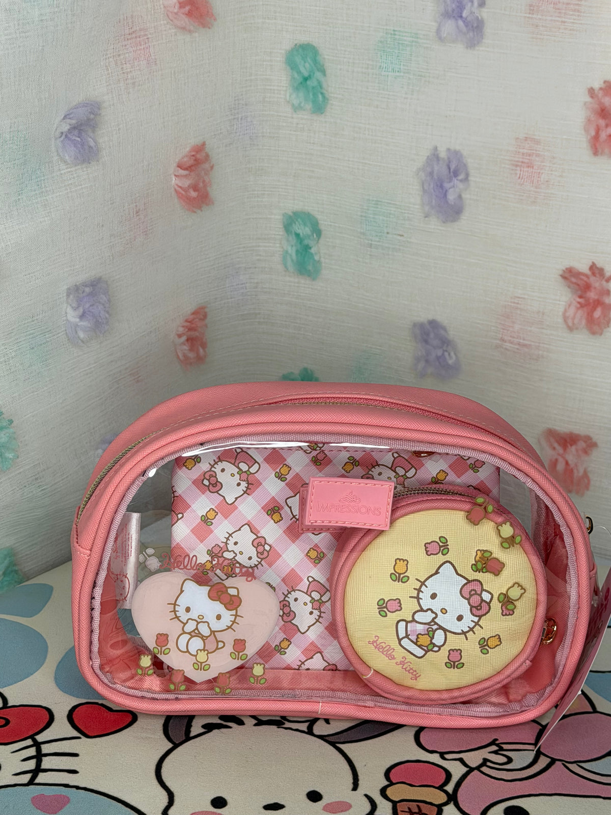 Impressions Hello Kitty Pink Clear 3 Piece Makeup Bag Set Pouch Coin Purse