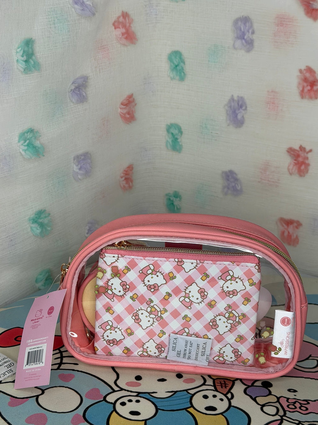Impressions Hello Kitty Pink Clear 3 Piece Makeup Bag Set Pouch Coin Purse