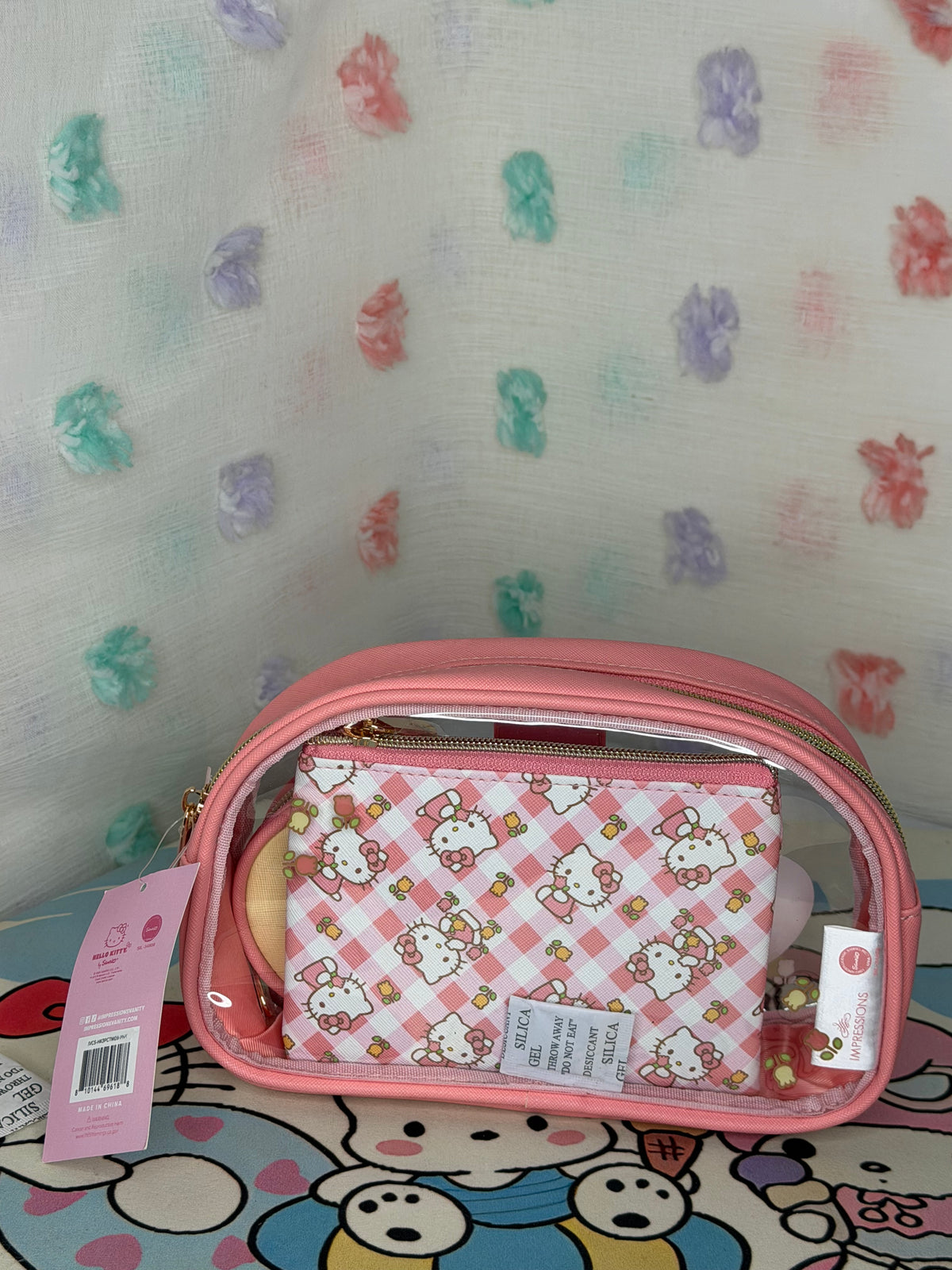 Impressions Hello Kitty Pink Clear 3 Piece Makeup Bag Set Pouch Coin Purse
